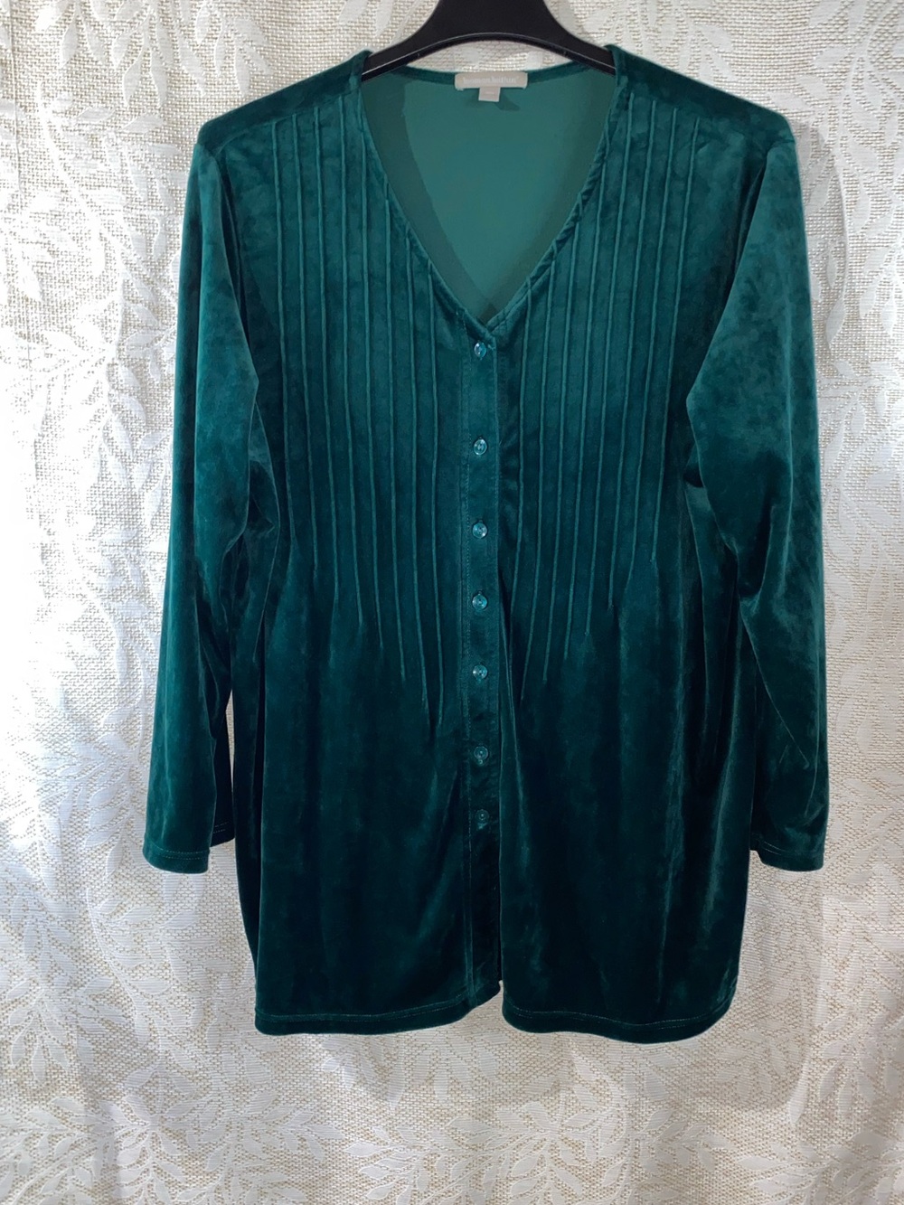 Woman Within Deep Emerald Green Velvet Button-Front Blouse